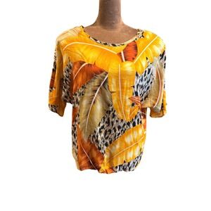 VTG Melrose Tropical Leaf Leopard Print Women L Yellow Dolman Sleeve RARE Travel